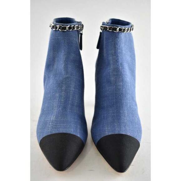 Chanel 20C Blue Denim Fabric Black Chain CC Logo Short Ankle Heel Bootie 38.5 - Picture 5 of 11